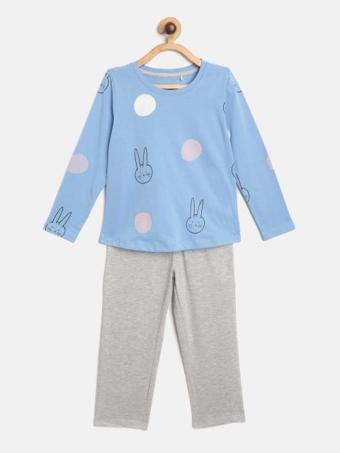 

Sweet Dreams Girls Blue & Grey Melange Printed Pyjamas Set