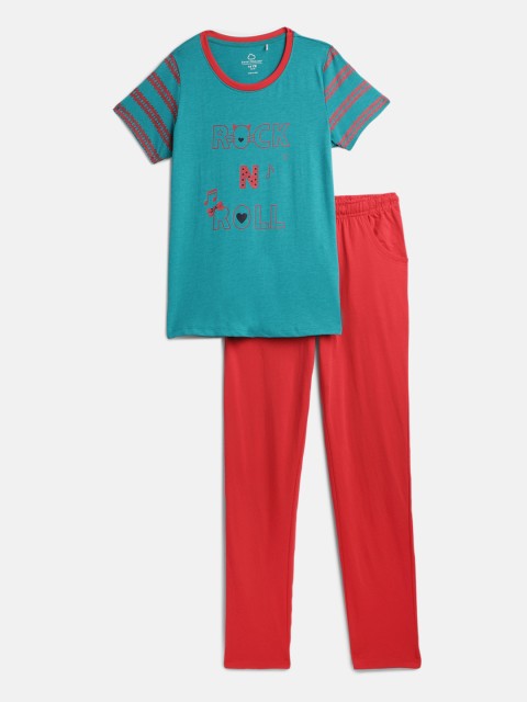 

Sweet Dreams Girls Teal Blue & Red Printed Night Suit