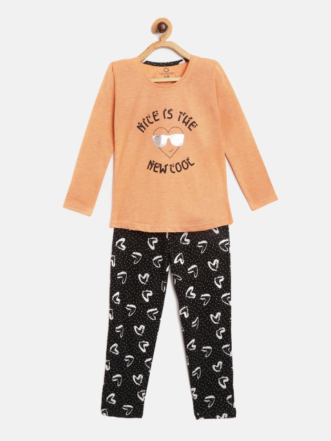 

Sweet Dreams Girls Peach-Coloured & Black Cotton Printed Pyjamas Set