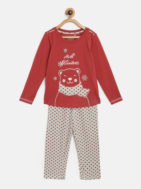 

Sweet Dreams Girls Red & Mint Green Printed Pyjamas Set with Applique Detail