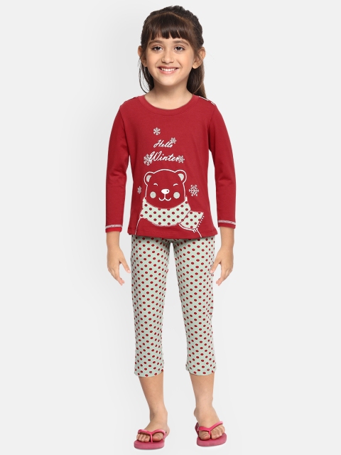 

Sweet Dreams Girls Red & Off White Printed Night Suit