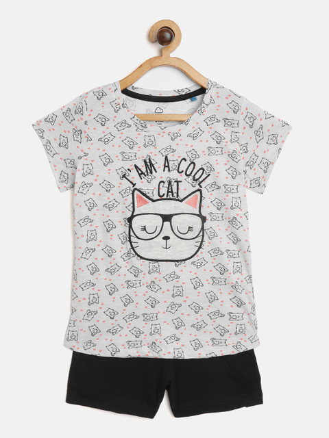 

Sweet Dreams Girls Grey Melange & Black Pure Cotton Cat Print Shorts Set with Embroidery