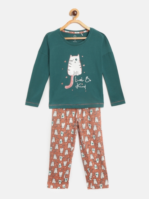 

Sweet Dreams Girls Green & Peach-Coloured Printed Pyjama Set