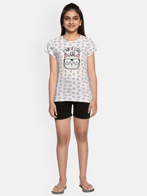 

Sweet Dreams Girls Grey Melange & Black Pure Cotton Printed Night suit