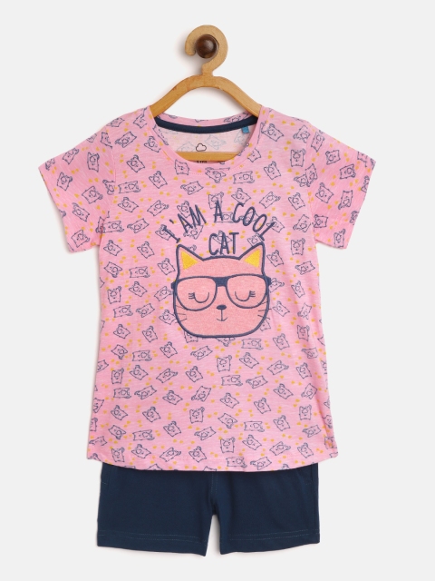 

Sweet Dreams Girls Pink & Navy Pure Cotton Cat Print Shorts Set with Embroidery