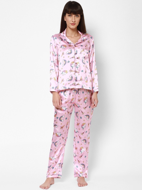 

Twenty3 Women Pink & Multicoloured Printed Satin Night Suit