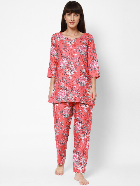 

Twenty3 Women Coral Floral Printed Cotton Blend Night Suit