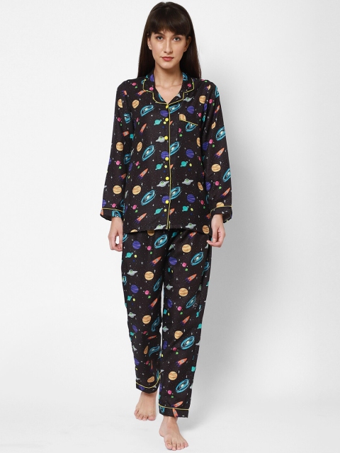 

Twenty3 Women Black & Blue Printed Night suit