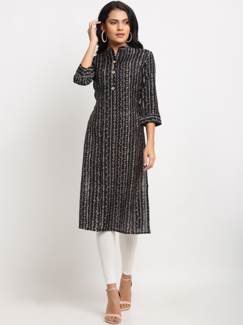 

Ardozaa Women Black & White Floral Foil Print Chanderi Silk Straight Kurta