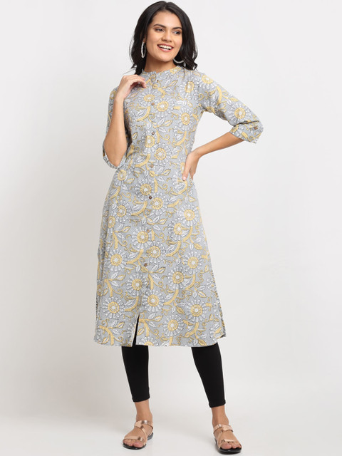 

Ardozaa Women Grey Floral Screen Print Straight Kurta