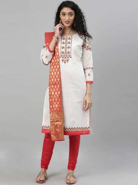 

DIVASTRI White & Red Chanderi Embroidered Silk Blend Unstitched Dress Material