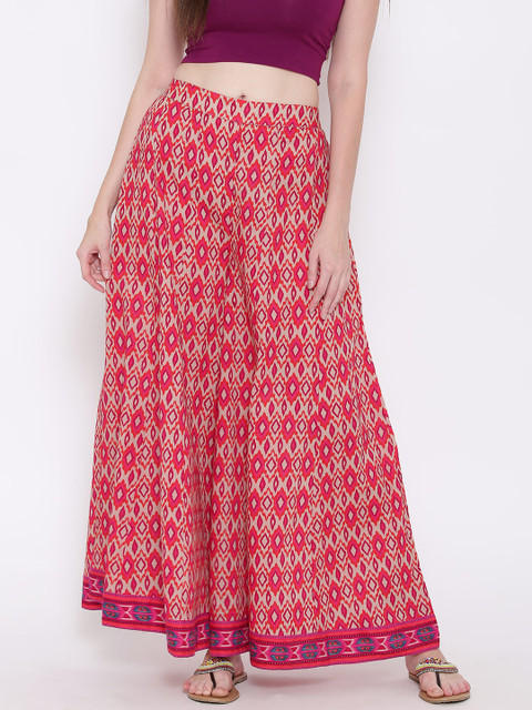

Fusion Beats Women Pink & Beige Printed Flared Palazzos