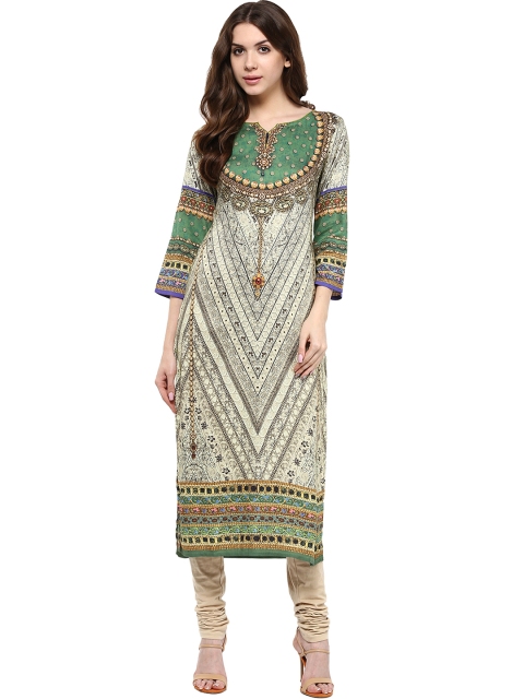 

Fusion Beats Women Green Printed Straight Kurta