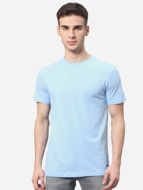 

JADE BLUE Men Sky Blue Pure Cotton Solid Slim Fit T-shirt