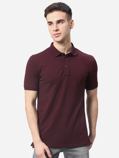 

JADE BLUE Men Burgundy Pure Cotton Polo Collar Slim Fit T-shirt
