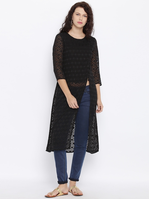 

Fusion Beats Women Black Woven Design Lace Sheer Kurta