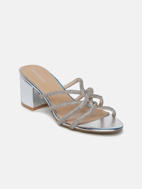 

shoexpress Women Silver-Toned Embellished Open Toe Block Sandals