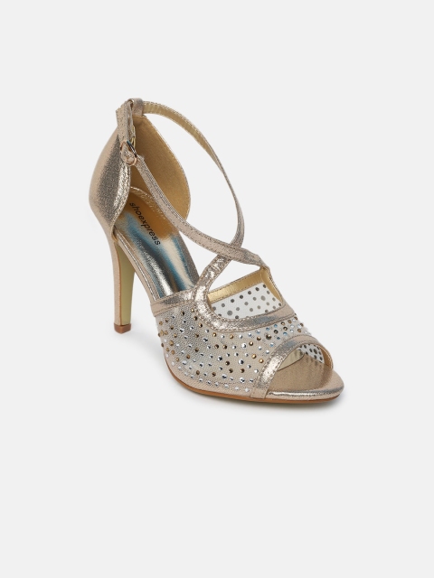 

shoexpress Gold Coloured Embellished Suede Stiletto Peep Toes with Buckle Closure