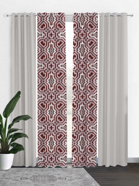 

HOUZZCODE Off White & Maroon Set of 4 Geometric Black Out Long Door Curtain