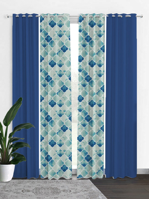 

HOUZZCODE Blue & Off White Set of 4 Geometric Black Out Long Door Curtain