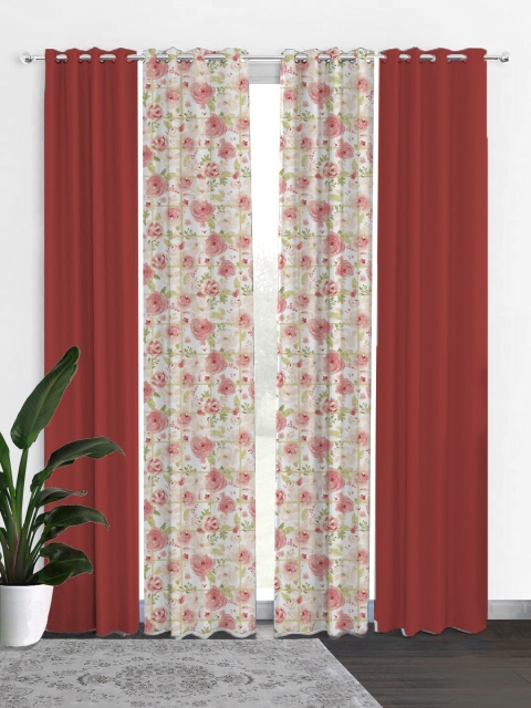 

HOUZZCODE Coral & White Set of 4 Floral Black Out Long Door Curtain