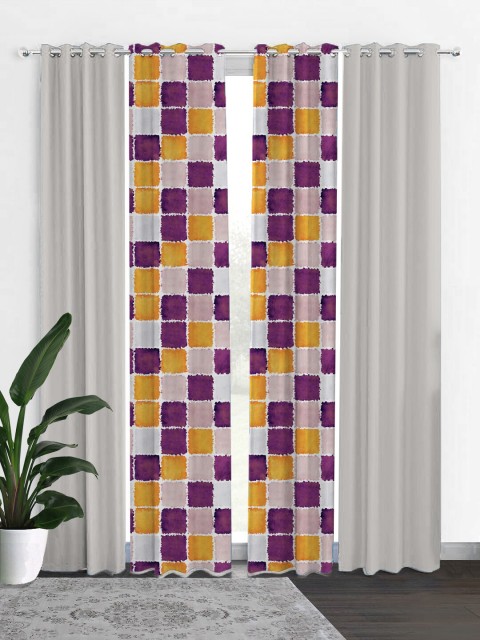 

HOUZZCODE Off White & Yellow Set of 4 Geometric Black Out Long Door Curtain