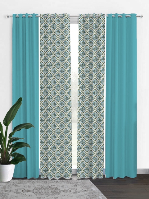 

HOUZZCODE Turquoise Blue & White Set of 4 Geometric Black Out Long Door Curtain