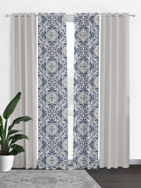 

HOUZZCODE Blue & Off White Set of 4 Ethnic Motifs Black Out Long Door Curtain