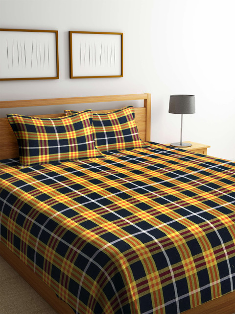 

KLOTTHE Yellow & Navy Blue Checked Double Bed Cover With 2 Pillow Covers