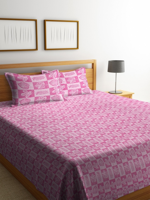 

KLOTTHE Pink & White Woven Design Cotton Double King Bedcover With 2 Pillow Covers