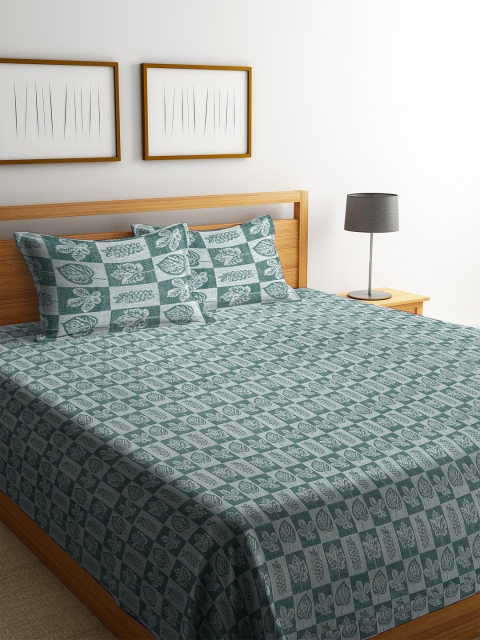 

KLOTTHE Green & Grey Floral Printed Cotton Double Bed Cover With 2 Pillow Covers