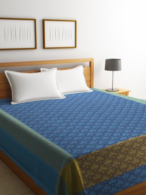 

KLOTTHE Blue & Green Printed Cotton Double Bed Cover