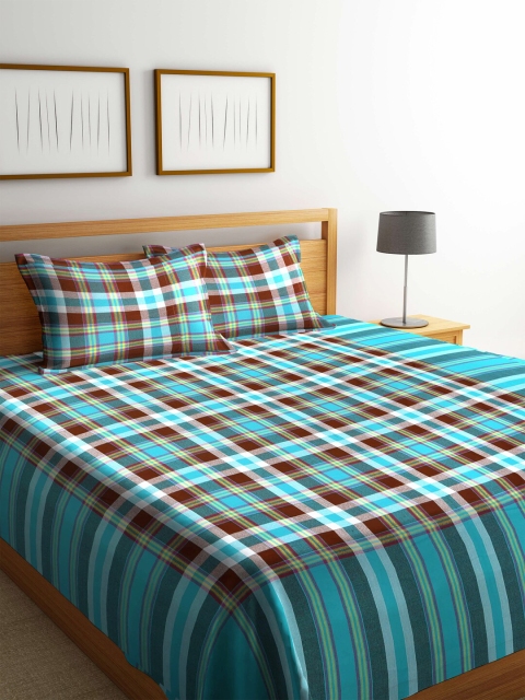 

KLOTTHE Blue & Brown Checked Cotton Double King Bedcover With 2 Pillow Covers