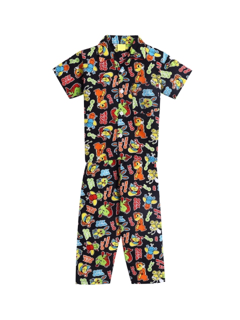 

The Magic Wand Girls Black & Multicoloured Printed Cotton Night Suit
