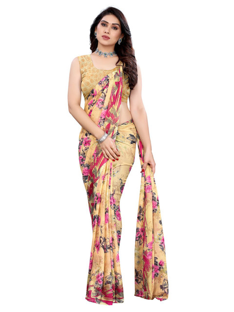 

KALINI Cream-Coloured & Magenta Floral Pure Georgette Saree