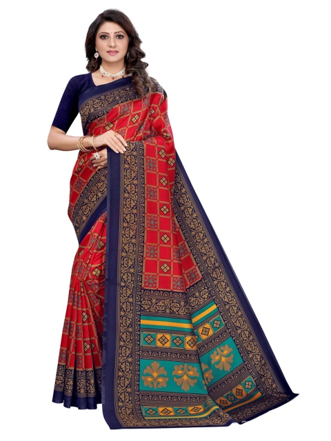 

KALINI Red And Navy Blue Printed Poly Silk Saree