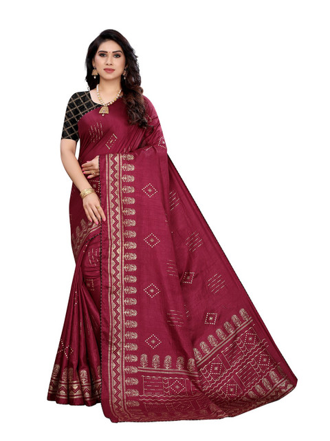 

KALINI Maroon & Gold Ethnic Motifs Foil Printed Poly Silk Saree