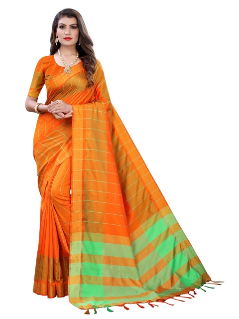 

KALINI Orange & Green Woven Striped Poly Silk Saree