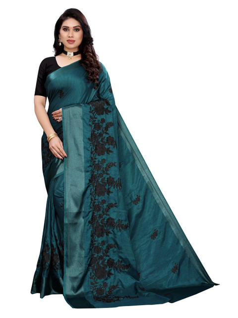 

KALINI Teal & Black Floral Embroidered Poly Silk Saree