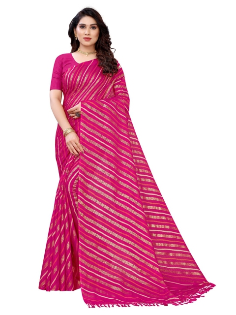 

KALINI Pink & Gold Striped Foil Printed Silk Blend Kota Saree