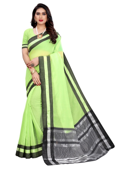 

KALINI Lime Green & Black Woven Design Striped Polycotton Saree