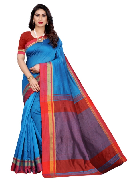 

KALINI Blue & Red Border Woven Stripe Poly Cotton Saree