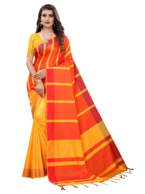 

KALINI Yellow & Orange Striped Woven Poly Silk Saree