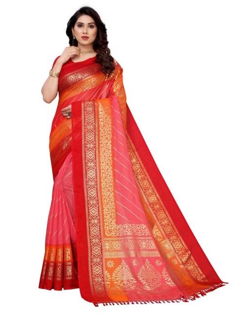 

KALINI Pink & Red Tassel Foil Printed Kota Check Silk Blend Saree