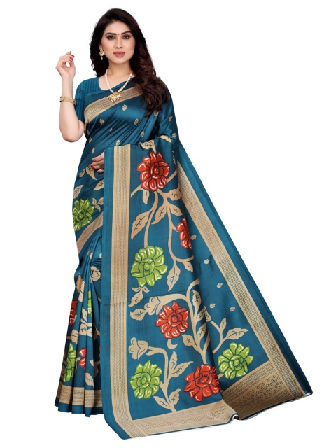 

KALINI Women Teal & Beige Floral Printed Poly Silk Saree