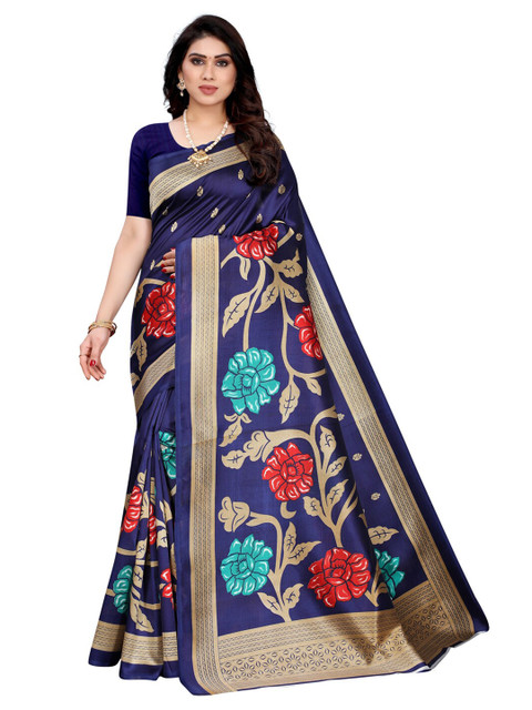 

KALINI Women Navy Blue & Multicoloured Floral Print Art Silk Saree