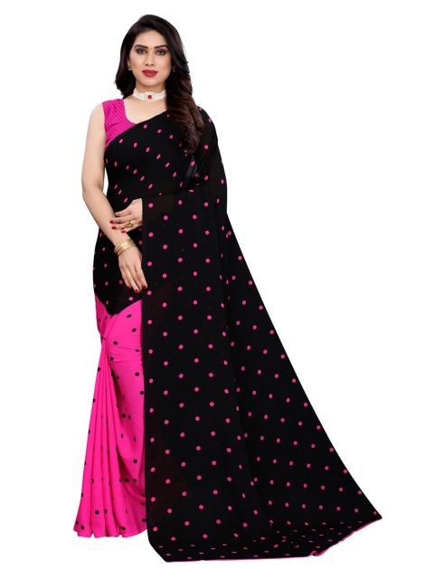 

KALINI Black & Pink Polka Dots Printed Georgette Saree