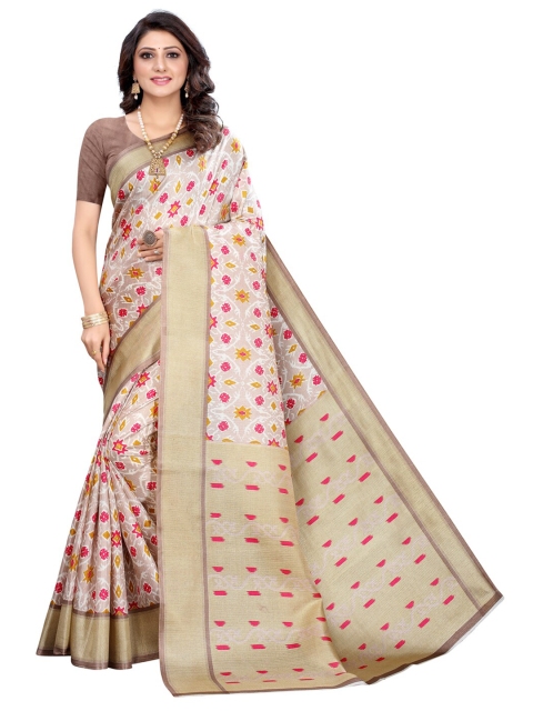 

KALINI Beige & Pink Floral Art Silk Khadi Saree