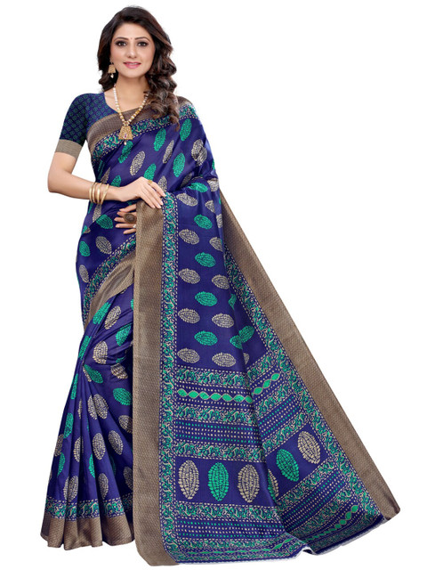 

KALINI Navy Blue & Green Printed Poly Silk Saree