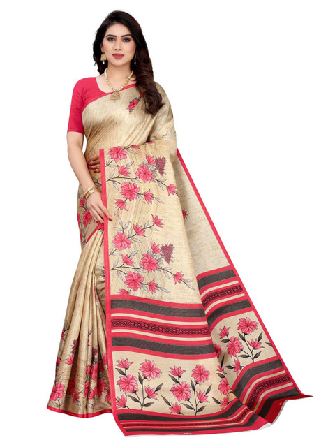 

KALINI Beige & Pink Floral Printed Art Silk Saree